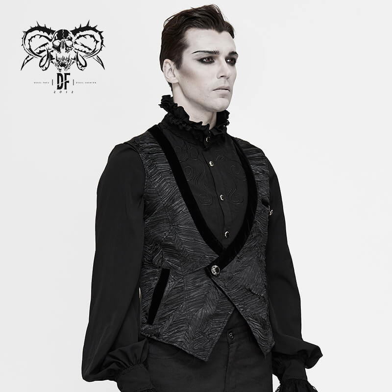 Gothic black short waistcoat for men, featuring stylish silver buttons and a trendy cut.