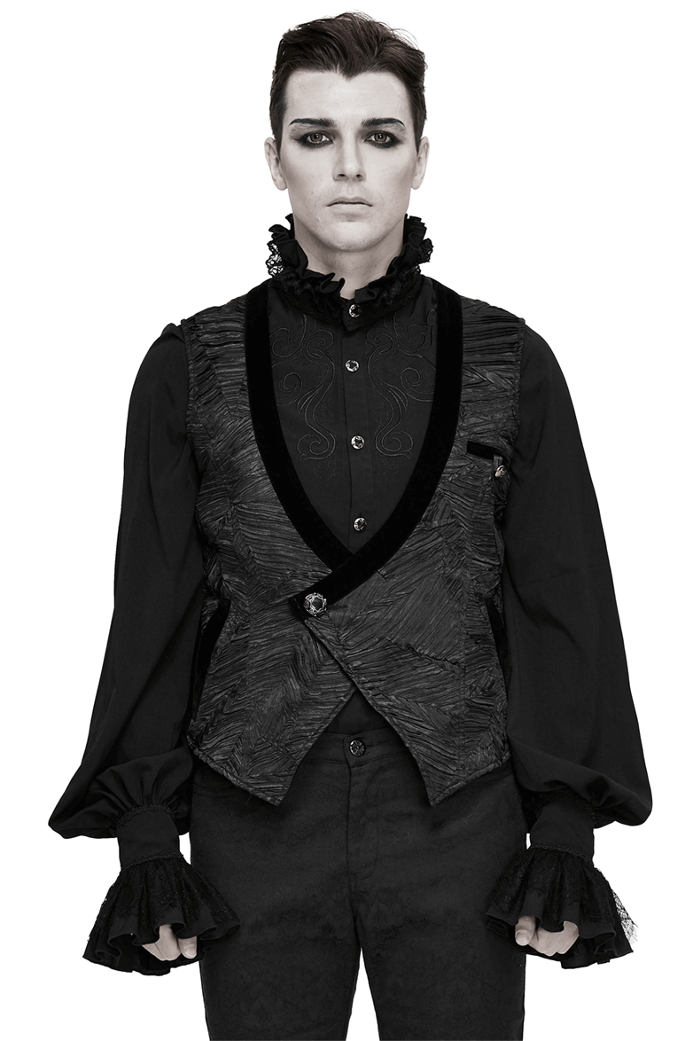 Gothic black waistcoat for men, featuring a stylish cut and silver button, complementing a dramatic ensemble.