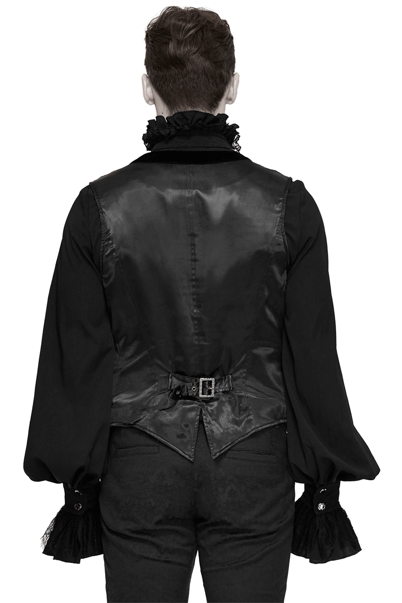 Back view of a stylish gothic black waistcoat for men with ruffled shirt sleeves and silver buckle detail.