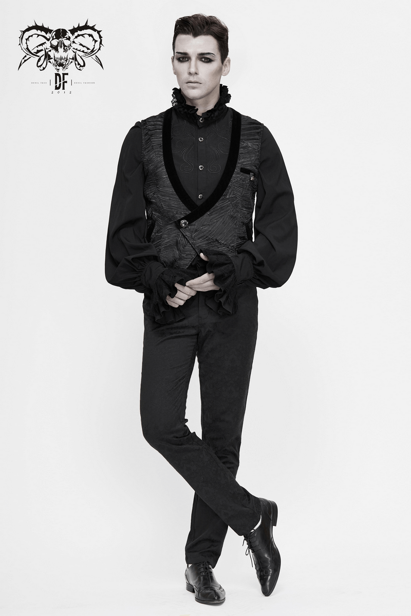 Stylish gothic black short waistcoat for men, featuring a trendy cut and decorative buttons in a chic black outfit.