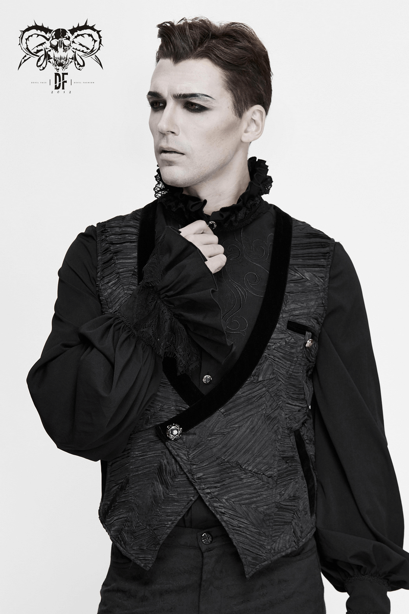 Stylish Gothic black short waistcoat for men, featuring silver buttons and intricate detailing, perfect for vintage fashion lovers.