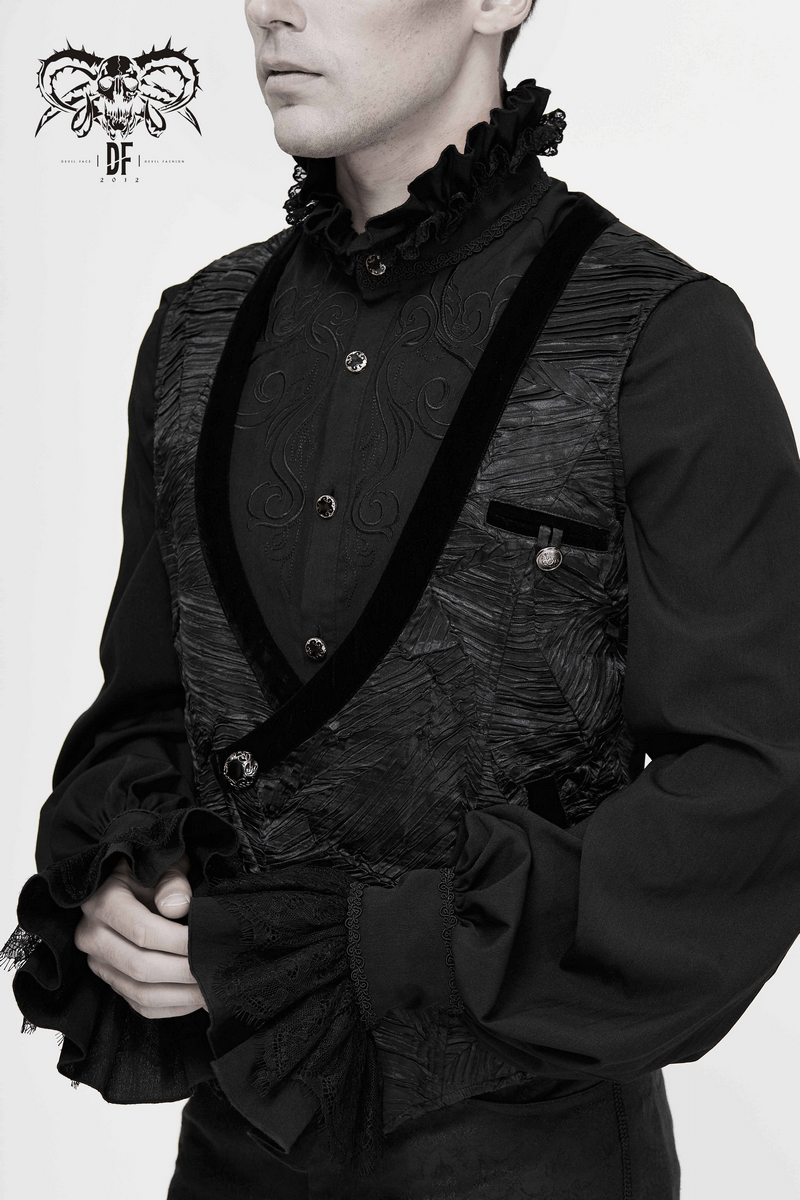 Gothic black waistcoat for men with intricate detailing and silver buttons, styled with ruffled sleeves.