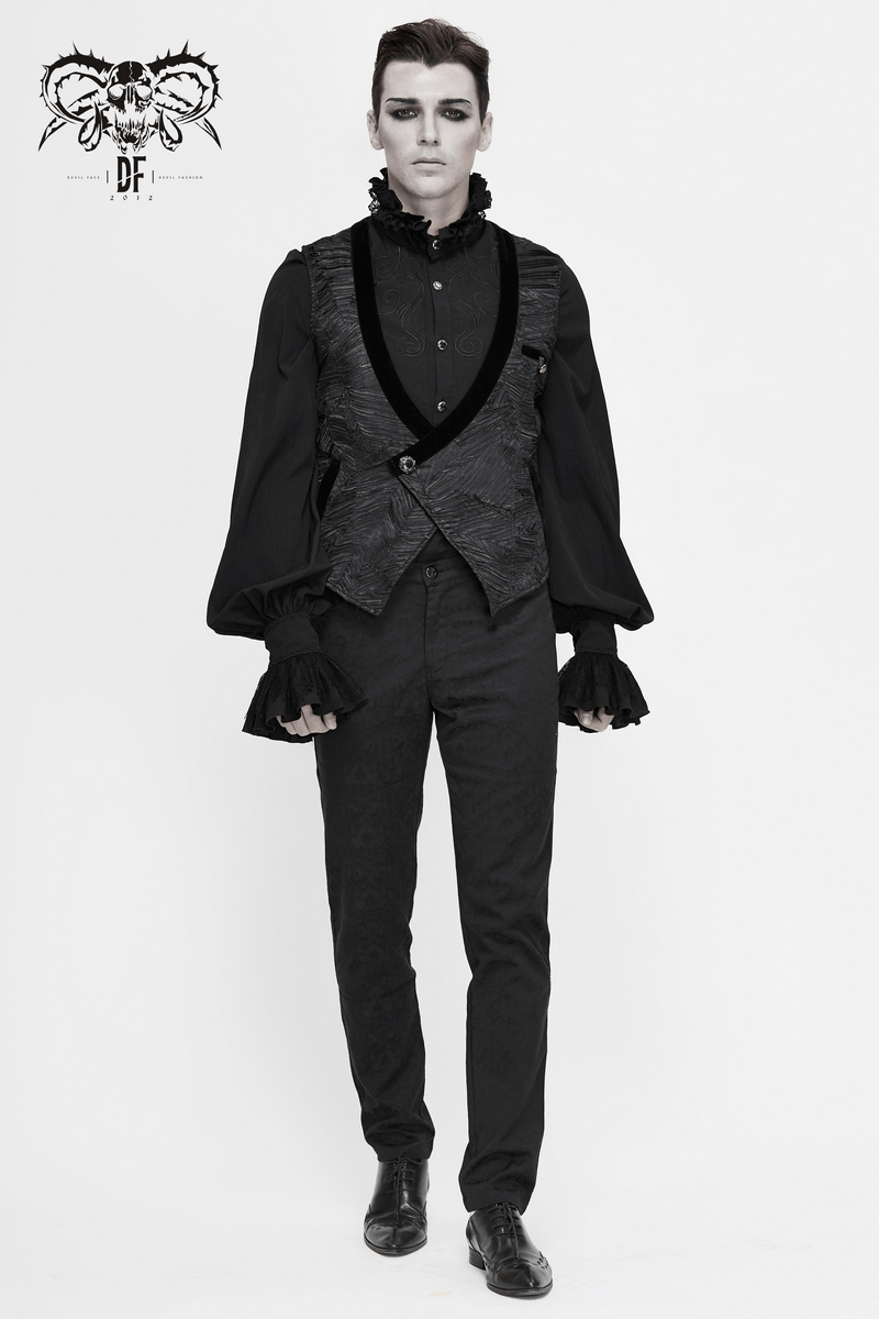 Gothic black short waistcoat for men with stylish silver buttons and a trendy cut, paired with dark pants.