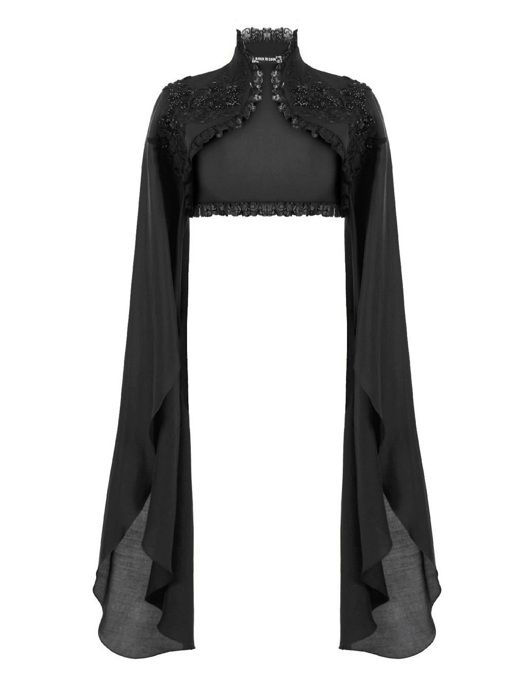 Gothic Black Shrug with Beaded Embroidery and Long Sleeves, featuring flowing draped sleeves and a high collar.