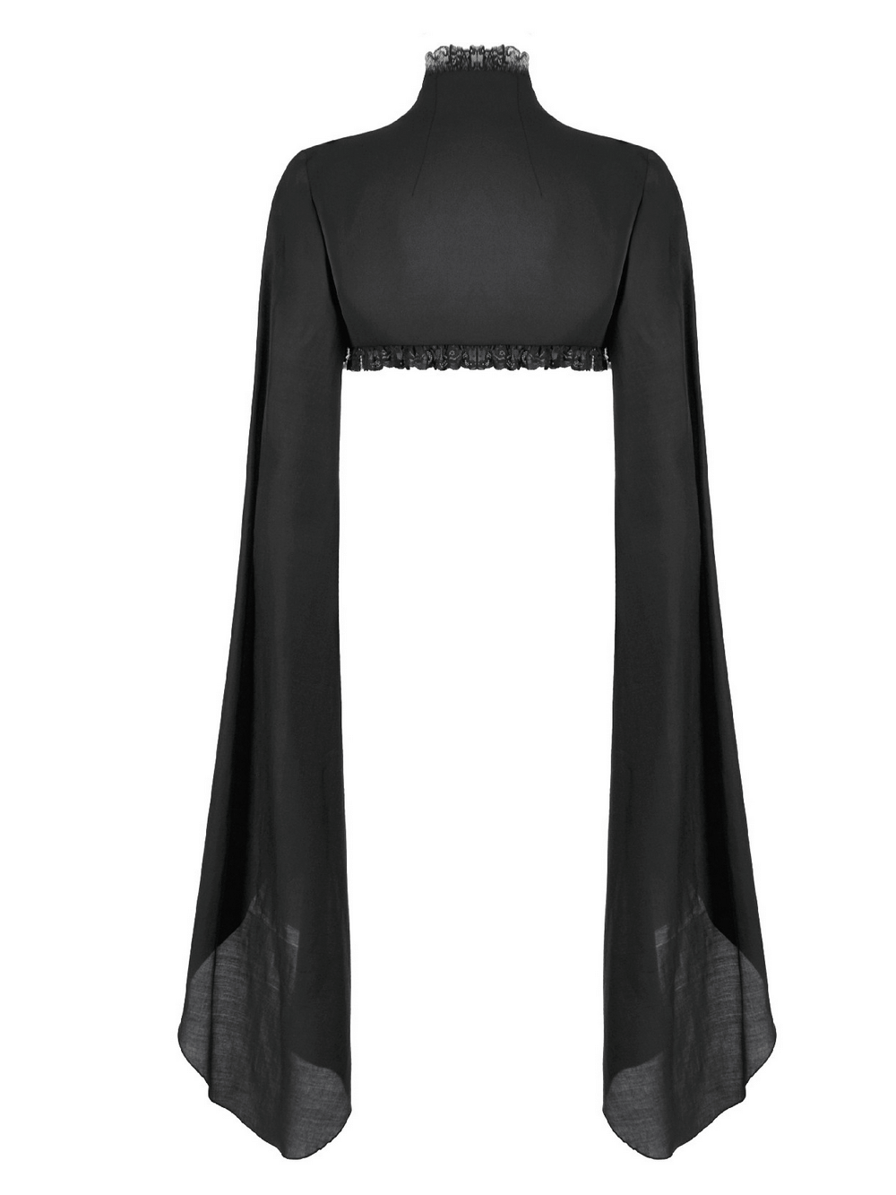 Gothic Black Shrug with Beaded Embroidery and Long Sleeves, featuring flowing caped sleeves and high collar.