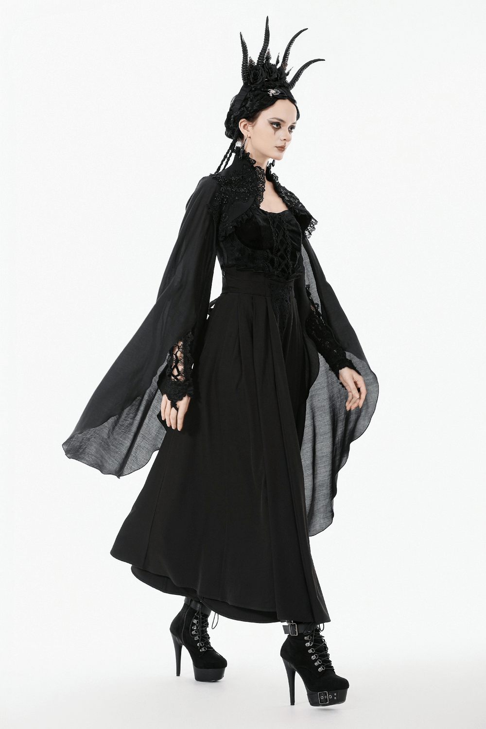 Gothic Black Shrug with Beaded Embroidery and Long Sleeves showcased on a model wearing a dramatic gothic outfit.
