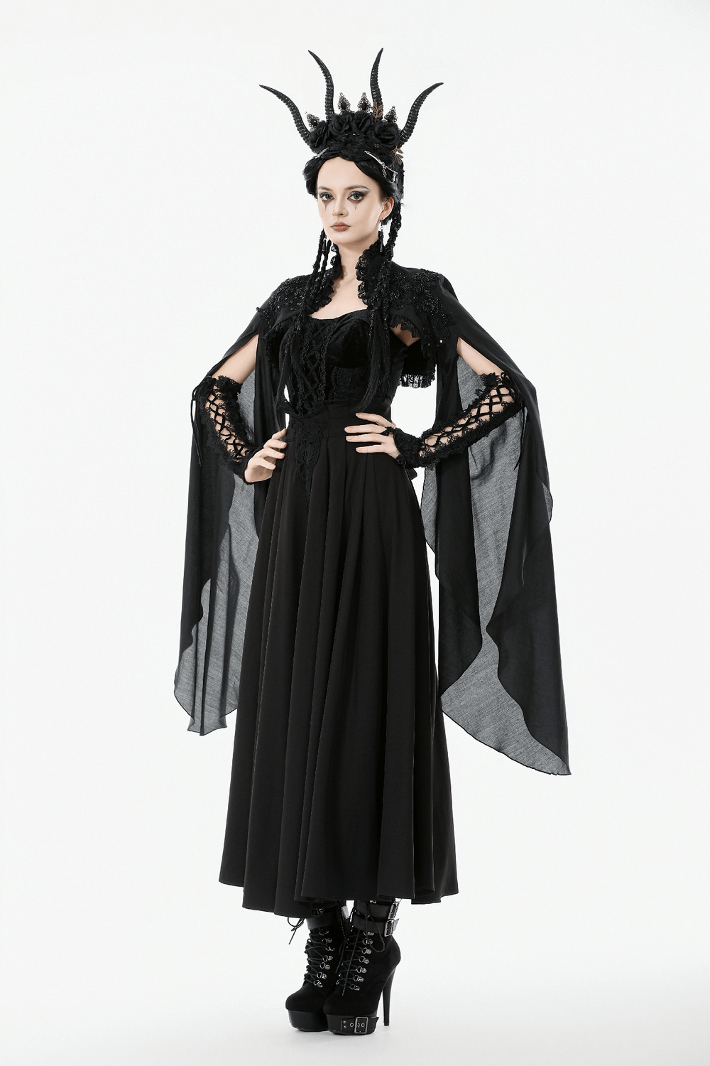 Gothic Black Shrug with Beaded Embroidery and Long Sleeves worn with dramatic flowing skirt and headpiece.