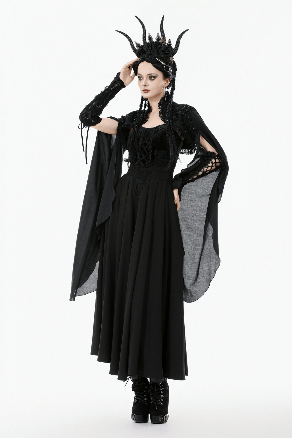 Gothic Black Shrug with Beaded Embroidery and Long Sleeves worn over a flowing black dress, creating a dramatic Victorian look.