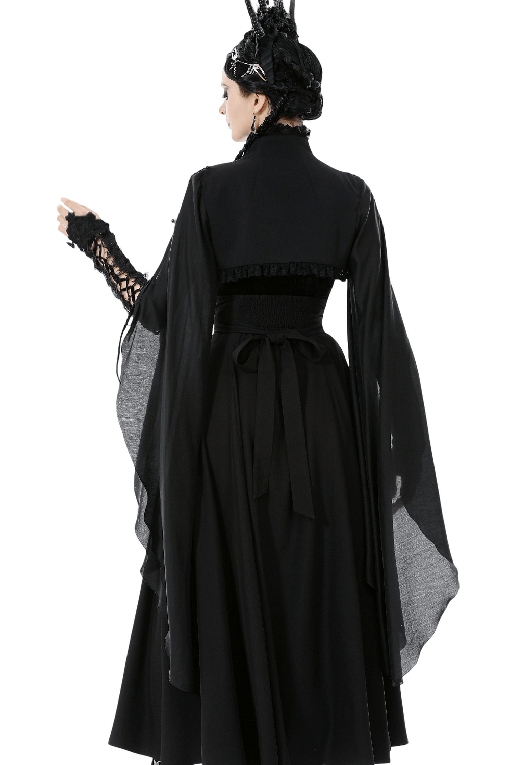 Gothic Black Shrug with Beaded Embroidery and Long Sleeves showcasing a mysterious silhouette and elegant flowing draped sleeves.