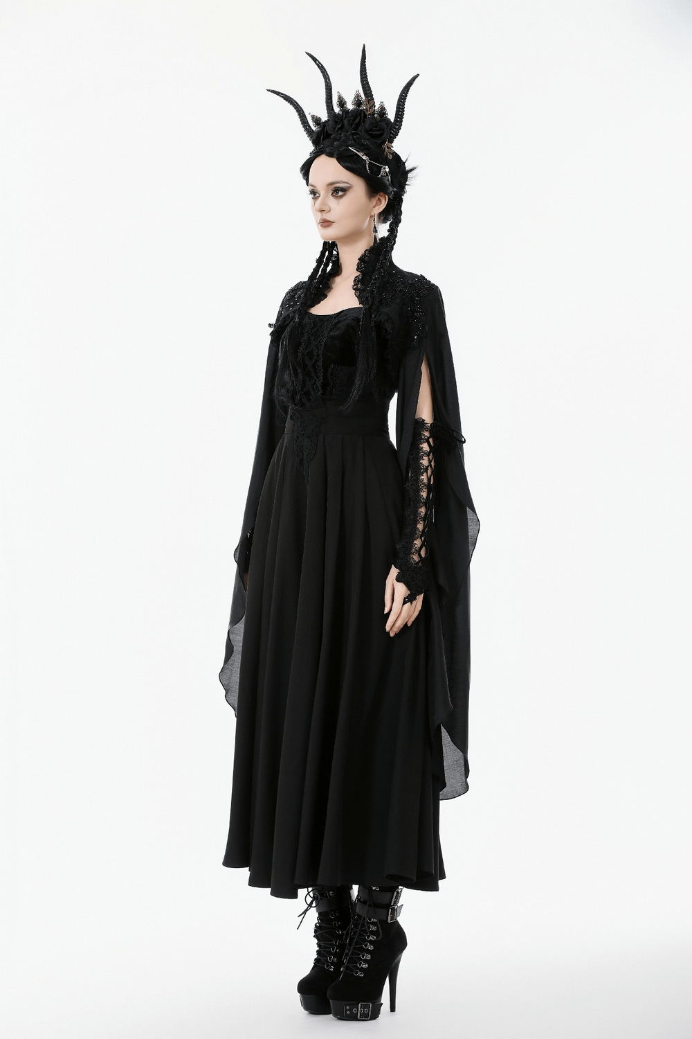 Gothic Black Shrug with Beaded Embroidery and Long Sleeves worn over a long black gown, showcasing elegant gothic fashion.
