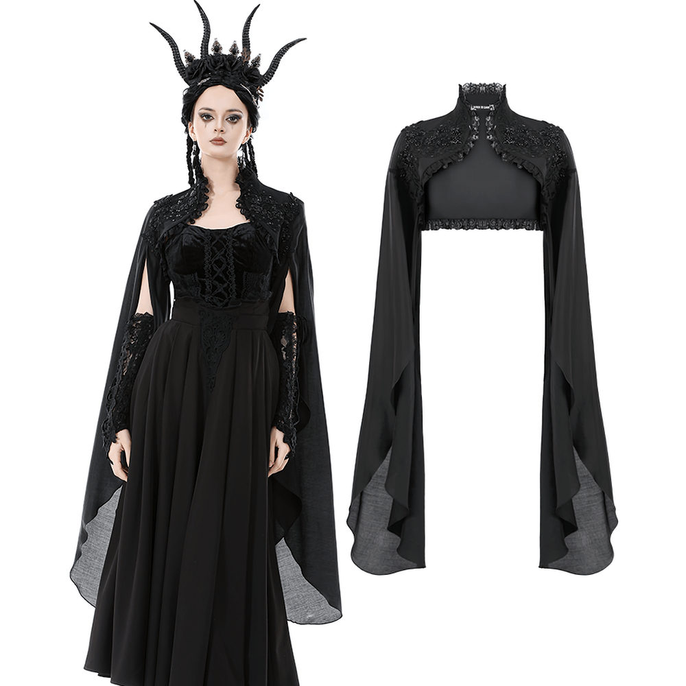 Gothic Black Shrug with Beaded Embroidery and Long Sleeves displayed on a model with dramatic styling and flowing sleeves.