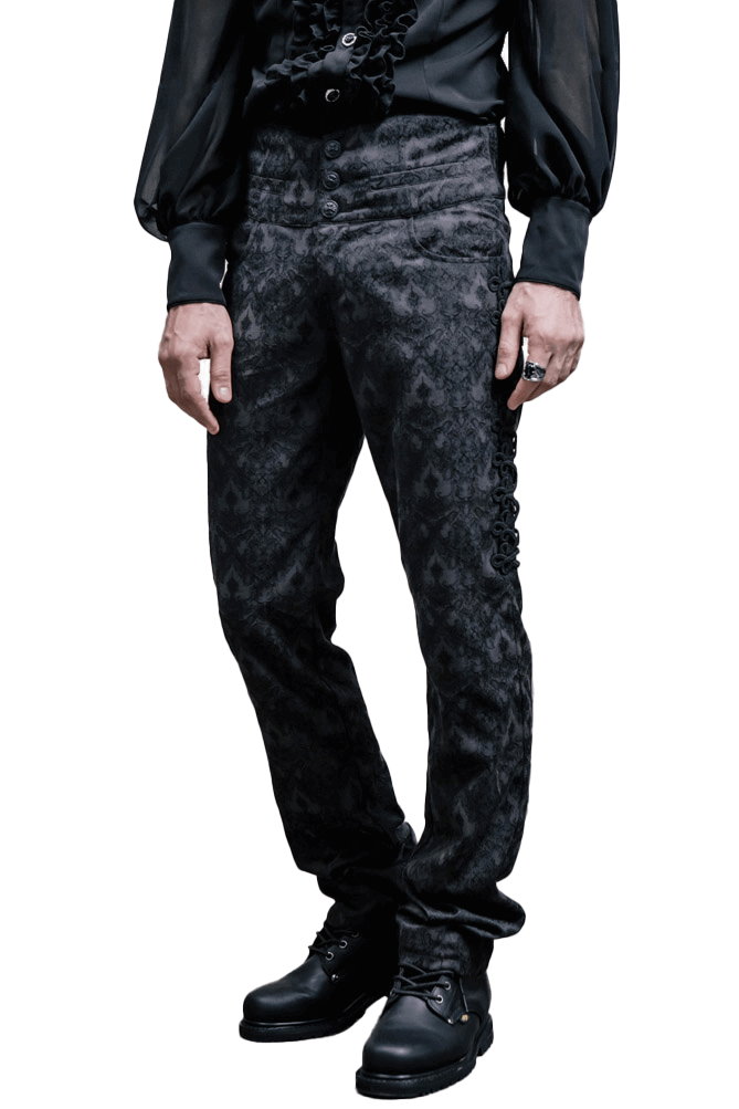 Gothic black silk men's high waist trousers with vintage print, perfect for steampunk fashion and elegant gothic style.