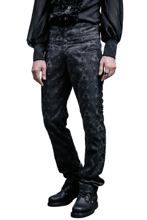 Pantalones góticos de seda negra para hombre de cintura alta / pantalones de moda Steampunk