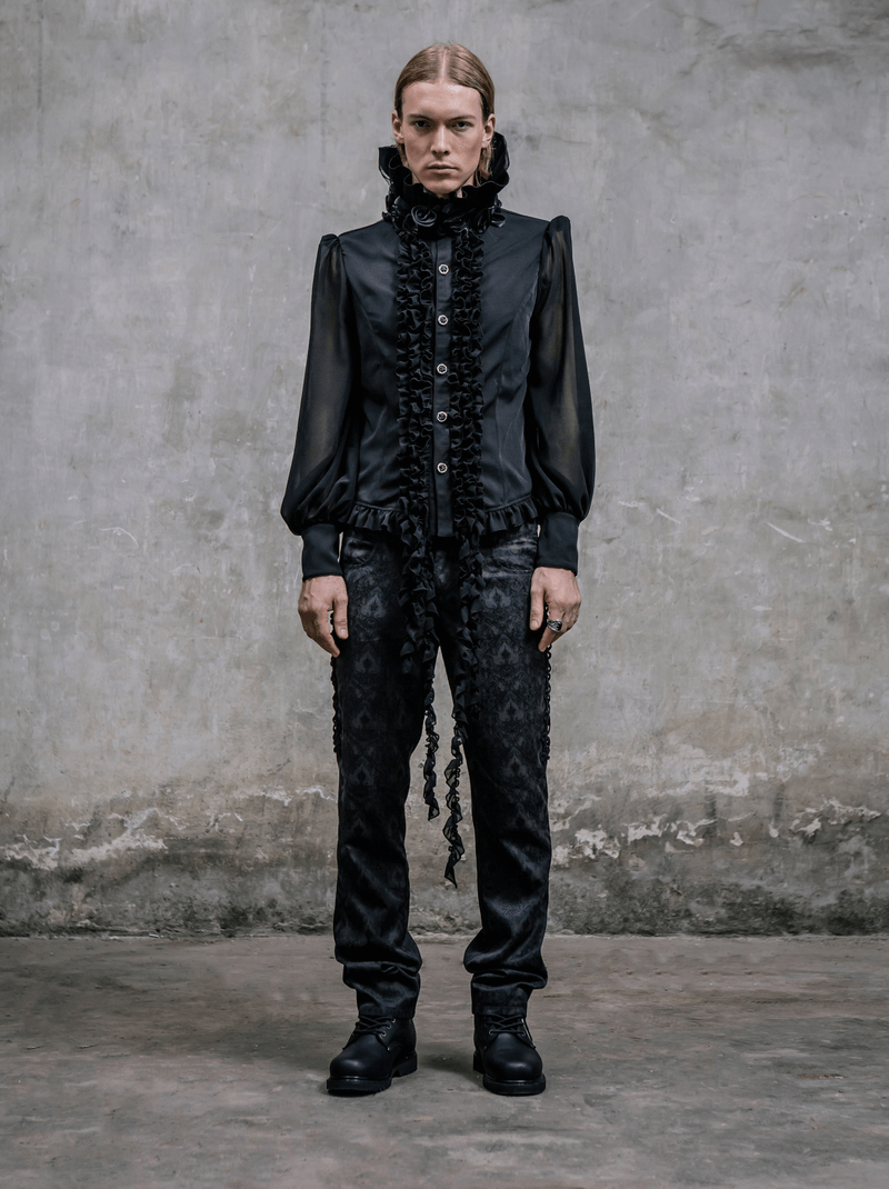 Gothic black silk trousers with vintage print, styled for men, showcasing a fashionable high waist design.
