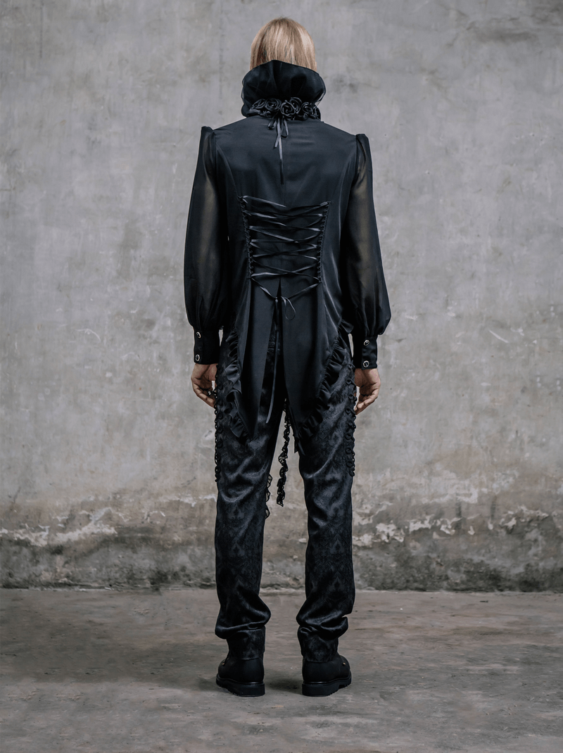 Men's gothic black silk high waist trousers showcasing a vintage print, perfect for steampunk fashion enthusiasts.