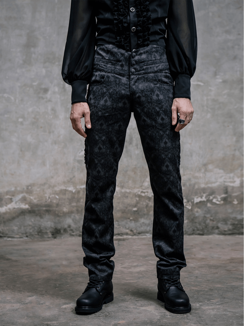 Gothic Black Silk Pants / Men's High Waist Trousers / Steampunk Fashion Embroidery Pants - HARD'N'HEAVY