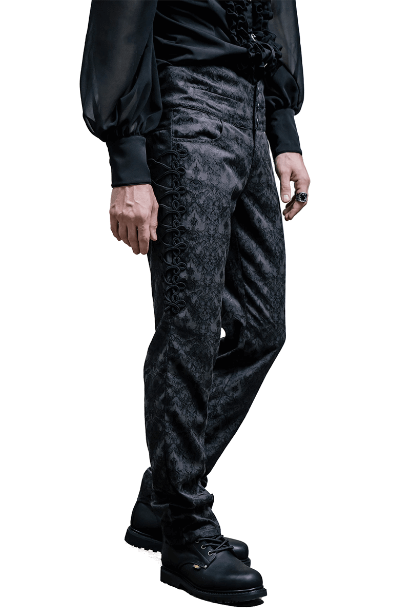 Gothic Black Silk Pants / Men's High Waist Trousers / Steampunk Fashion Embroidery Pants - HARD'N'HEAVY