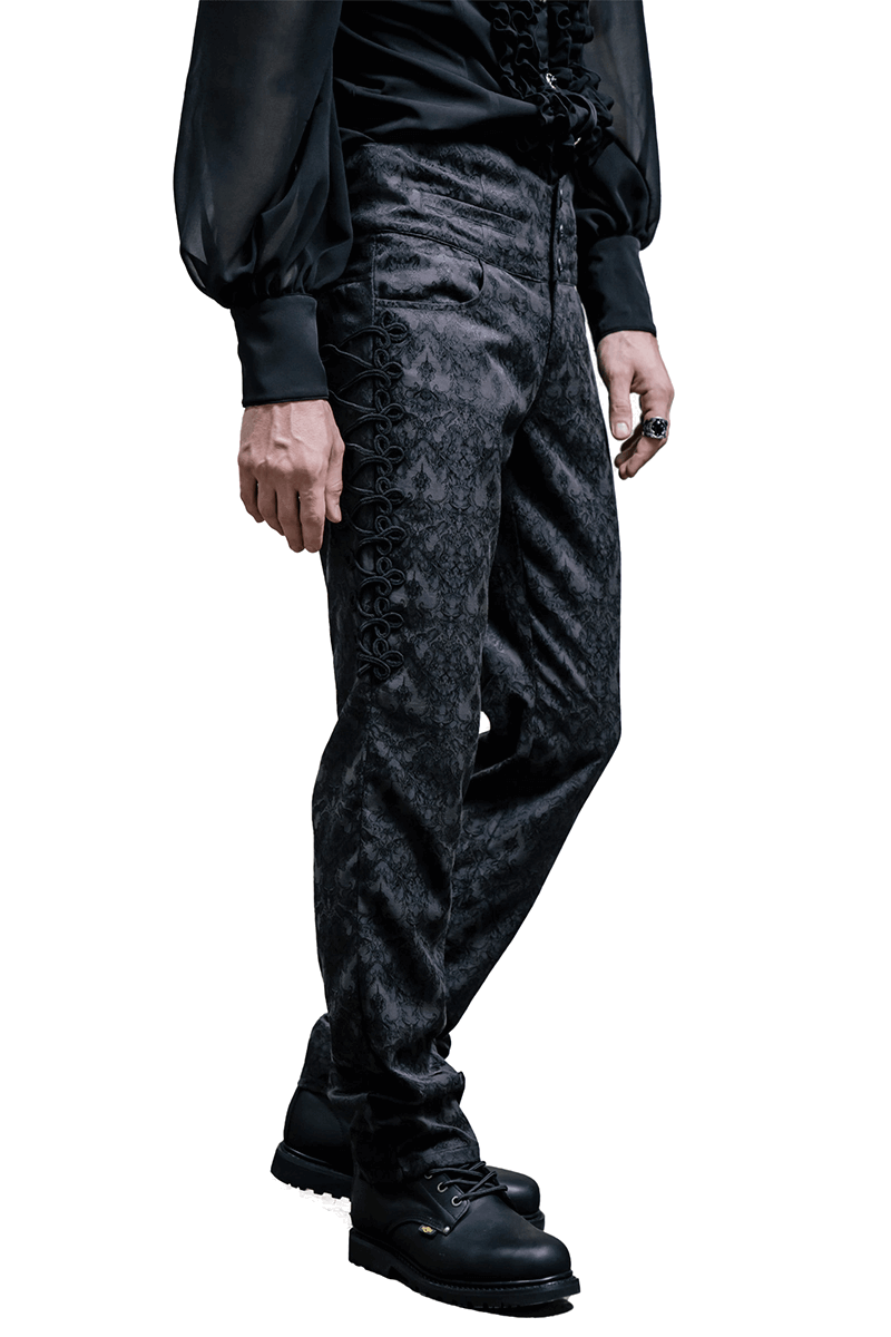 Gothic black silk men's high waist trousers with vintage print and stylish lace-up detail, perfect for steampunk fashion.