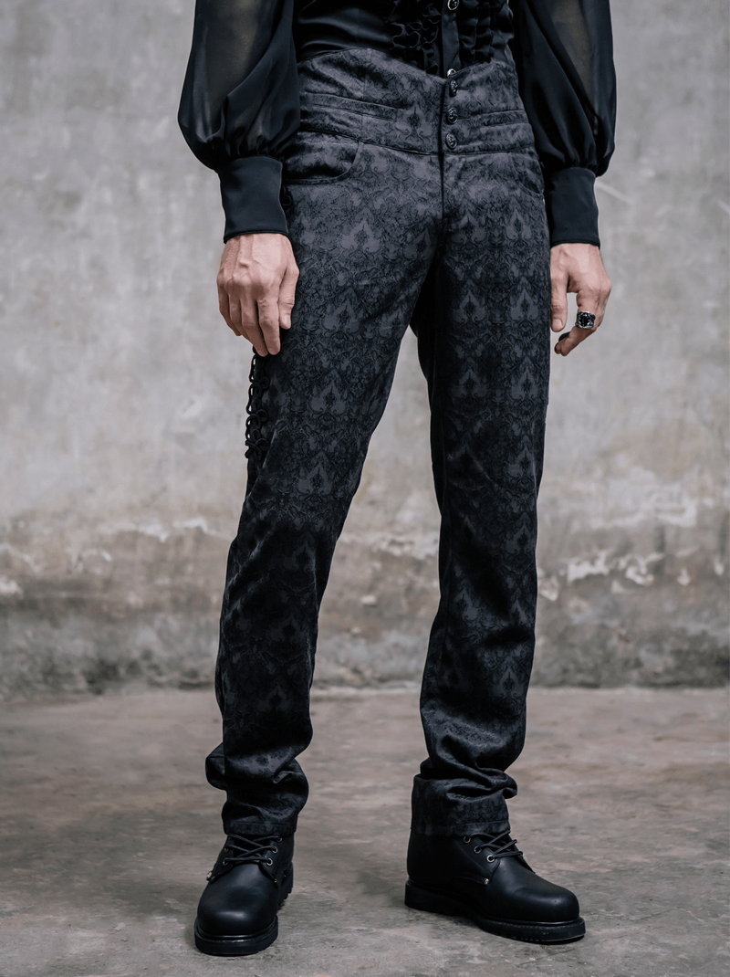 Gothic black silk men's high waist trousers featuring elegant vintage print and a loose fit, perfect for steampunk fashion.
