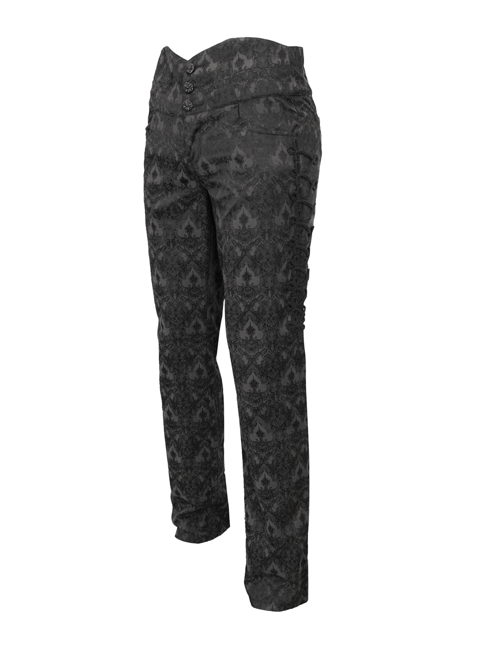 Gothic black silk high waist trousers for men with vintage print and loose fit, perfect for steampunk fashion.