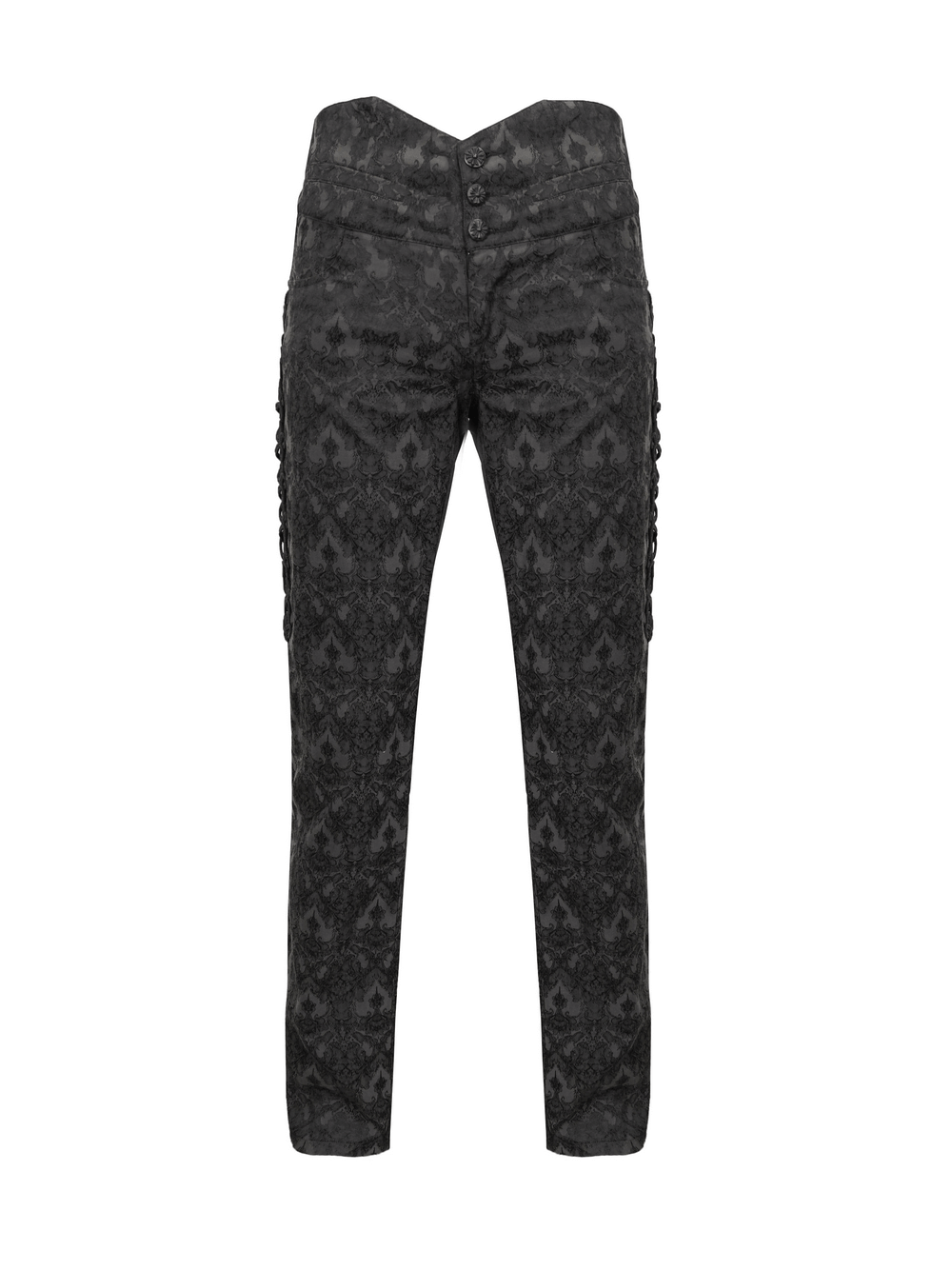 Gothic black silk men's high waist trousers with vintage print for a stylish steampunk look.