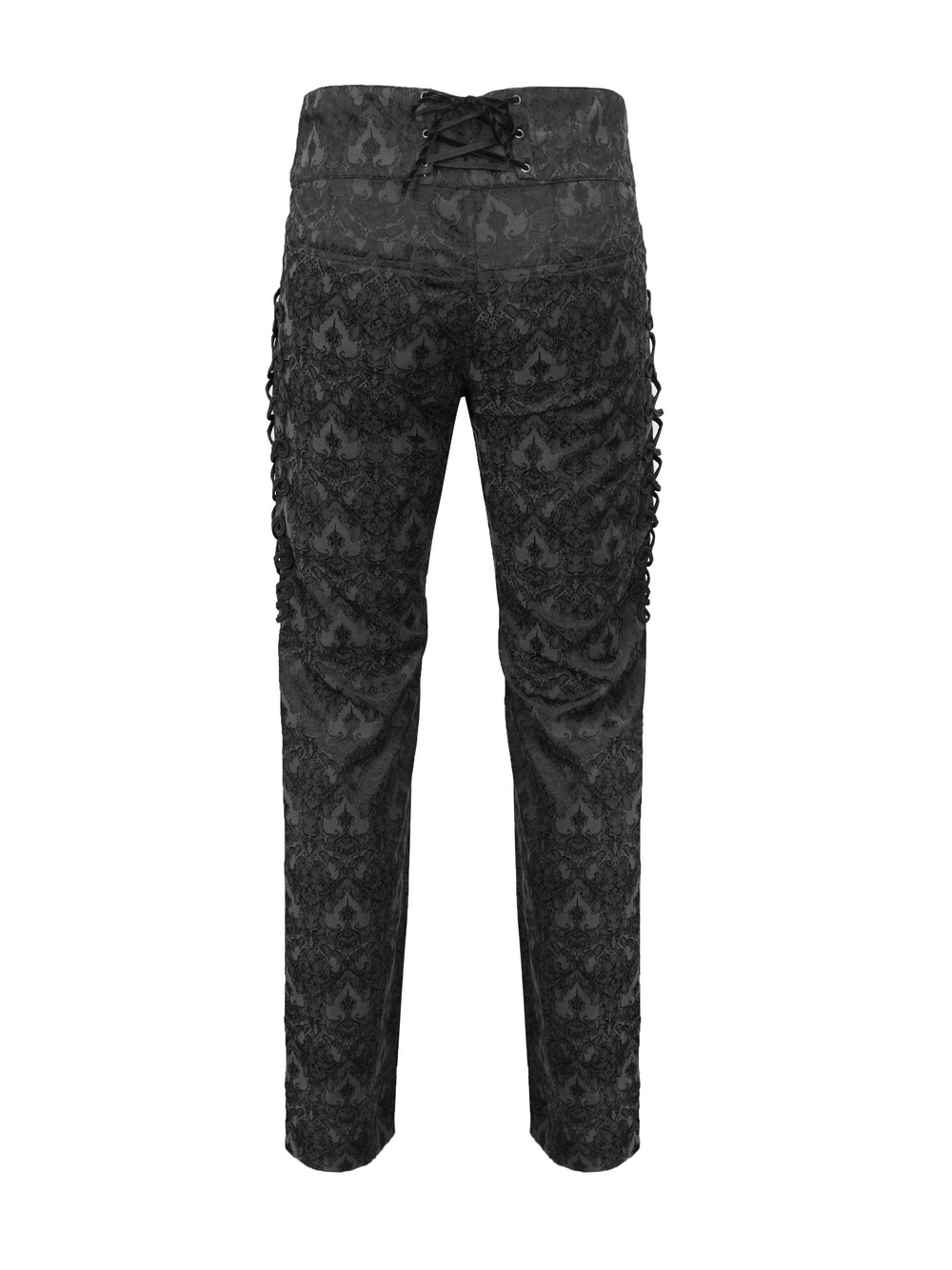Gothic black silk high-waist trousers with vintage print and lace-up detail for a stylish steampunk look.