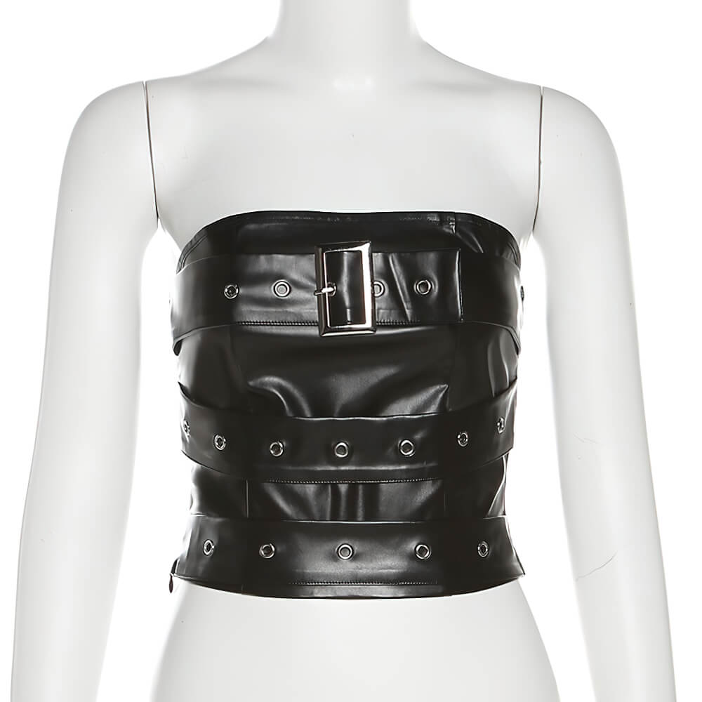 Gothic Black Strapless Crop Top for Women / Stylish Ladies Sleeveless Off-Shoulder Tops with Belt - HARD'N'HEAVY
