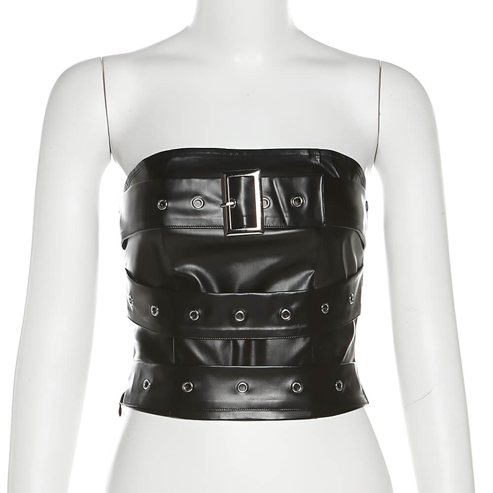 Gothic black strapless crop top for women with belt, perfect for bold and stylish outfits.
