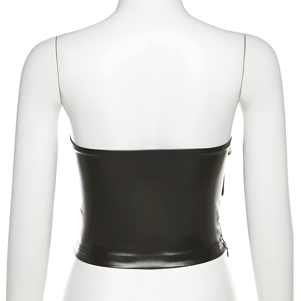 Back view of a gothic black strapless crop top for women, showcasing its sleek design and stylish appeal.