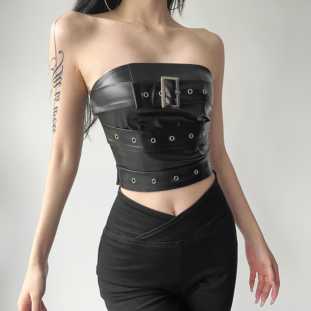 Gothic black strapless crop top for women with stylish buckle detail and sleeveless design.