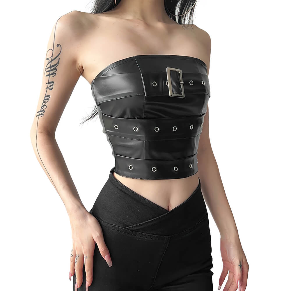 Gothic black strapless crop top for women with a chic belt, showcasing bold elegance and a daring sleeveless design.