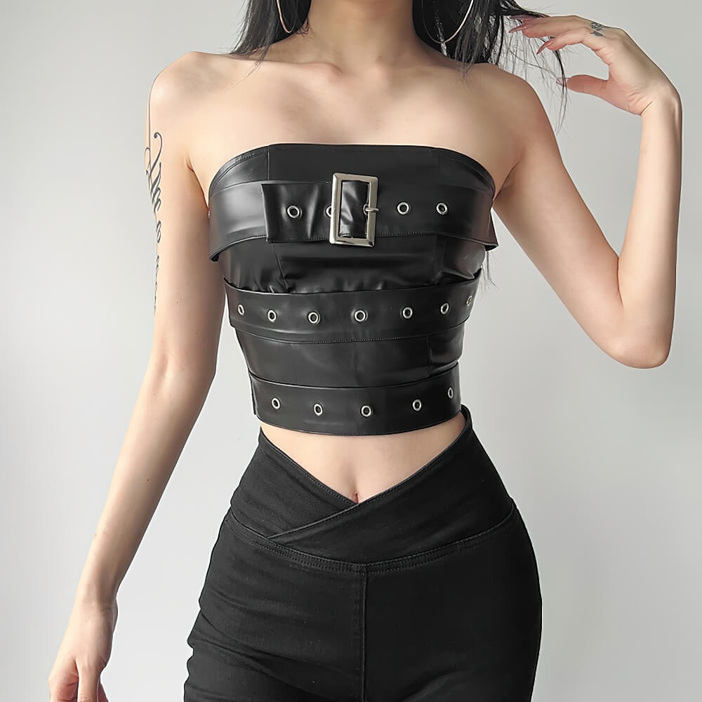 Gothic black strapless crop top for women with chic belt and edgy design, perfect for bold fashion statements.