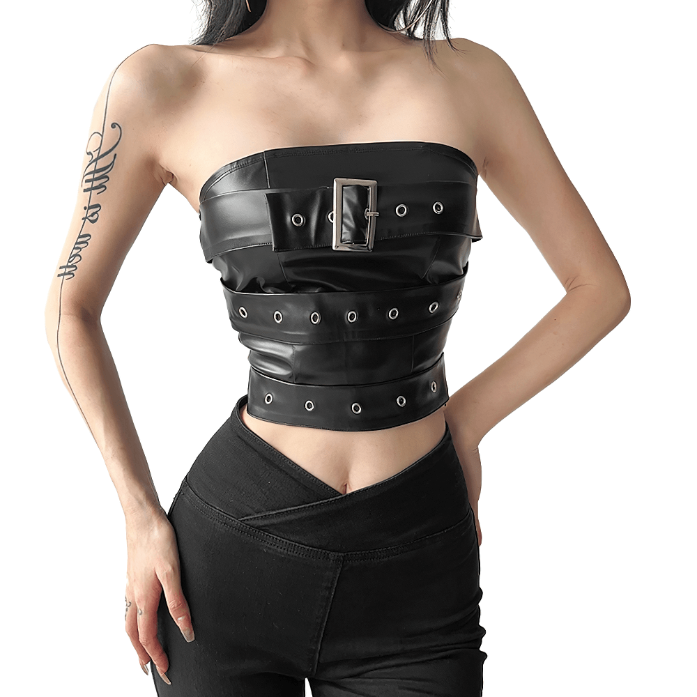 Gothic black strapless crop top for women with stylish belt and grommet details, perfect for bold fashion statements.