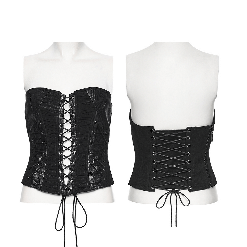 Gothic Black Strapless Tube Top with Lace-Up Front displayed from the front and back, showcasing its bold design and fit.