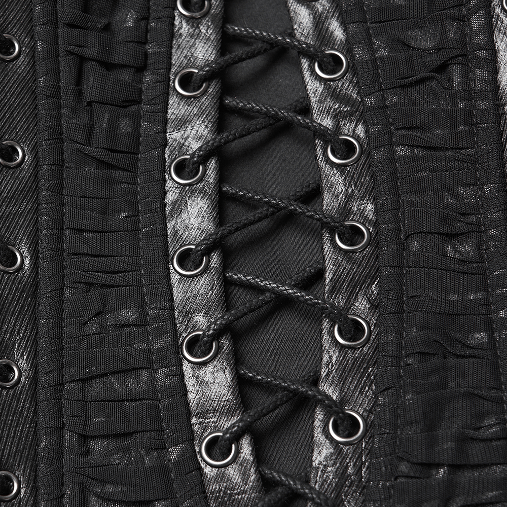 Gothic Black Strapless Tube Top with Lace-Up Front showcasing intricate lace-up detail and pleated fabric.