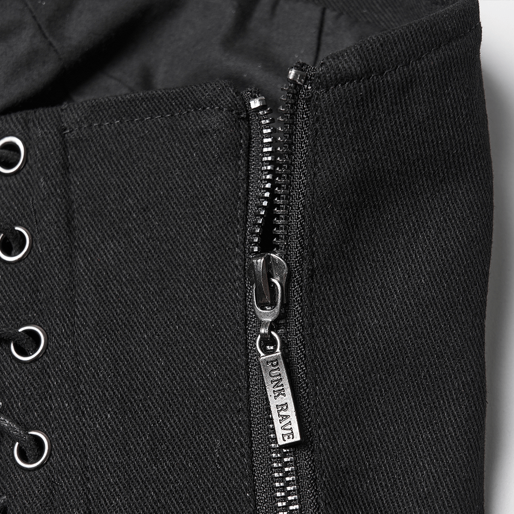 Gothic Black Strapless Tube Top with Lace-Up Front close-up, featuring detail of zipper and lace-up design.