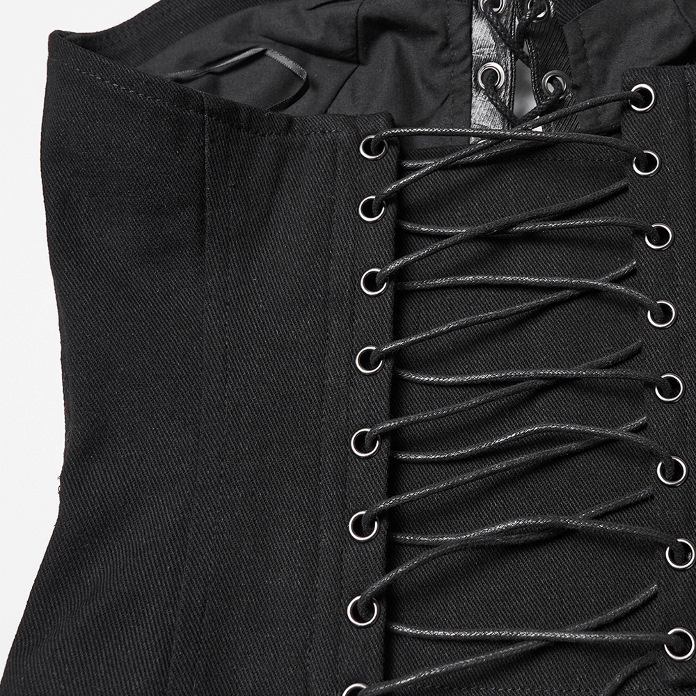 Gothic Black Strapless Tube Top with Lace-Up Front showcasing detailed lace-up design and pleated texture.