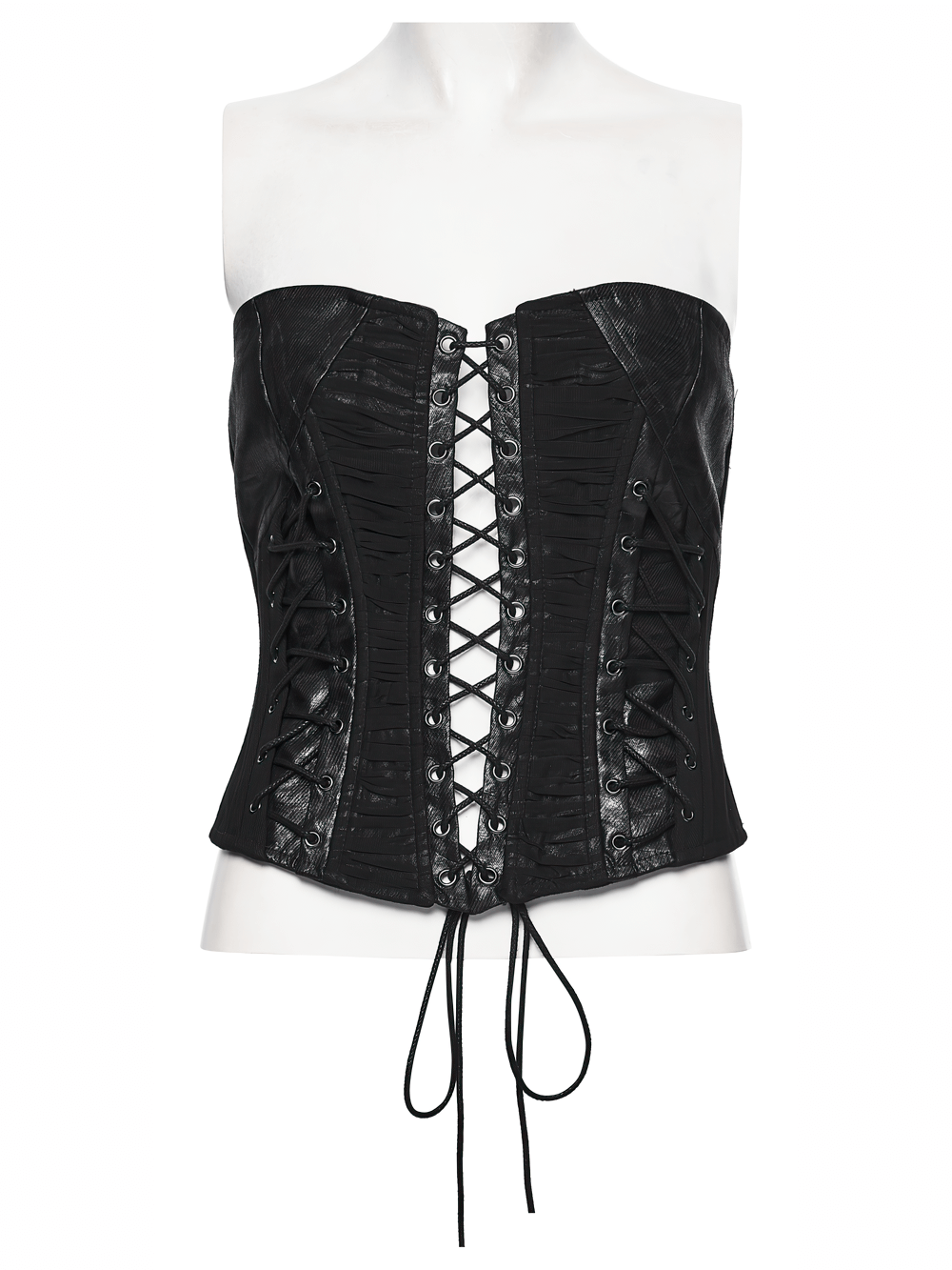 Gothic Black Strapless Tube Top with Lace-Up Front - edgy pleated design with hollow-out drawstring, ideal for punk style.