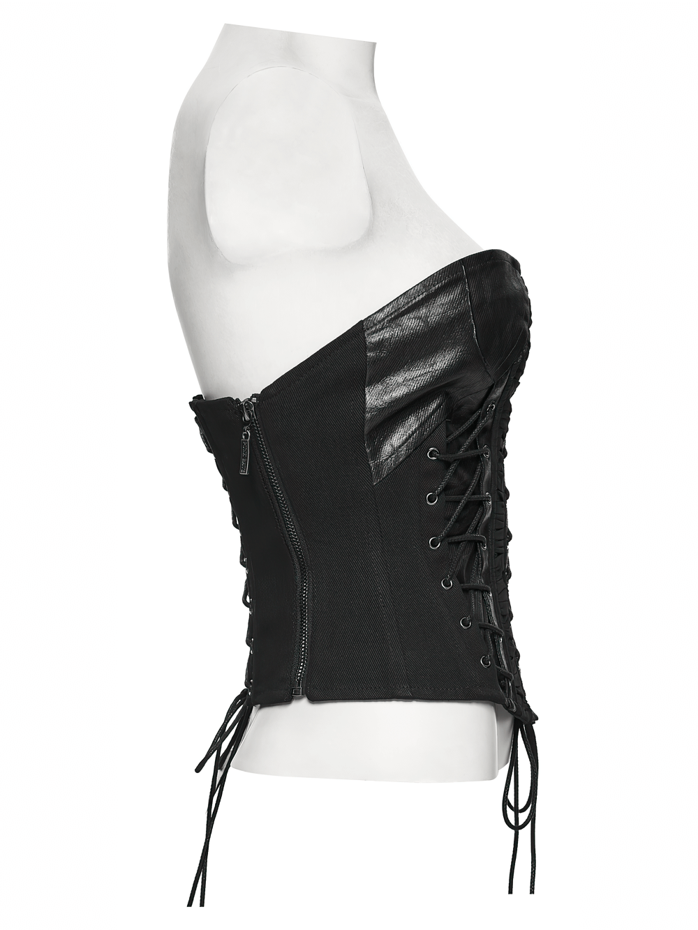 Gothic Black Strapless Tube Top with Lace-Up Front showcasing a stylish side view, featuring zipper and pleated design.