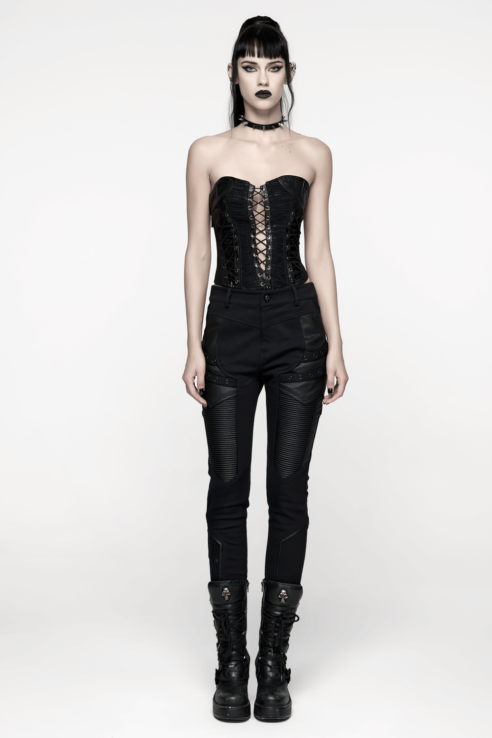 Gothic Black Strapless Tube Top with Lace-Up Front paired with edgy black pants and chunky boots.