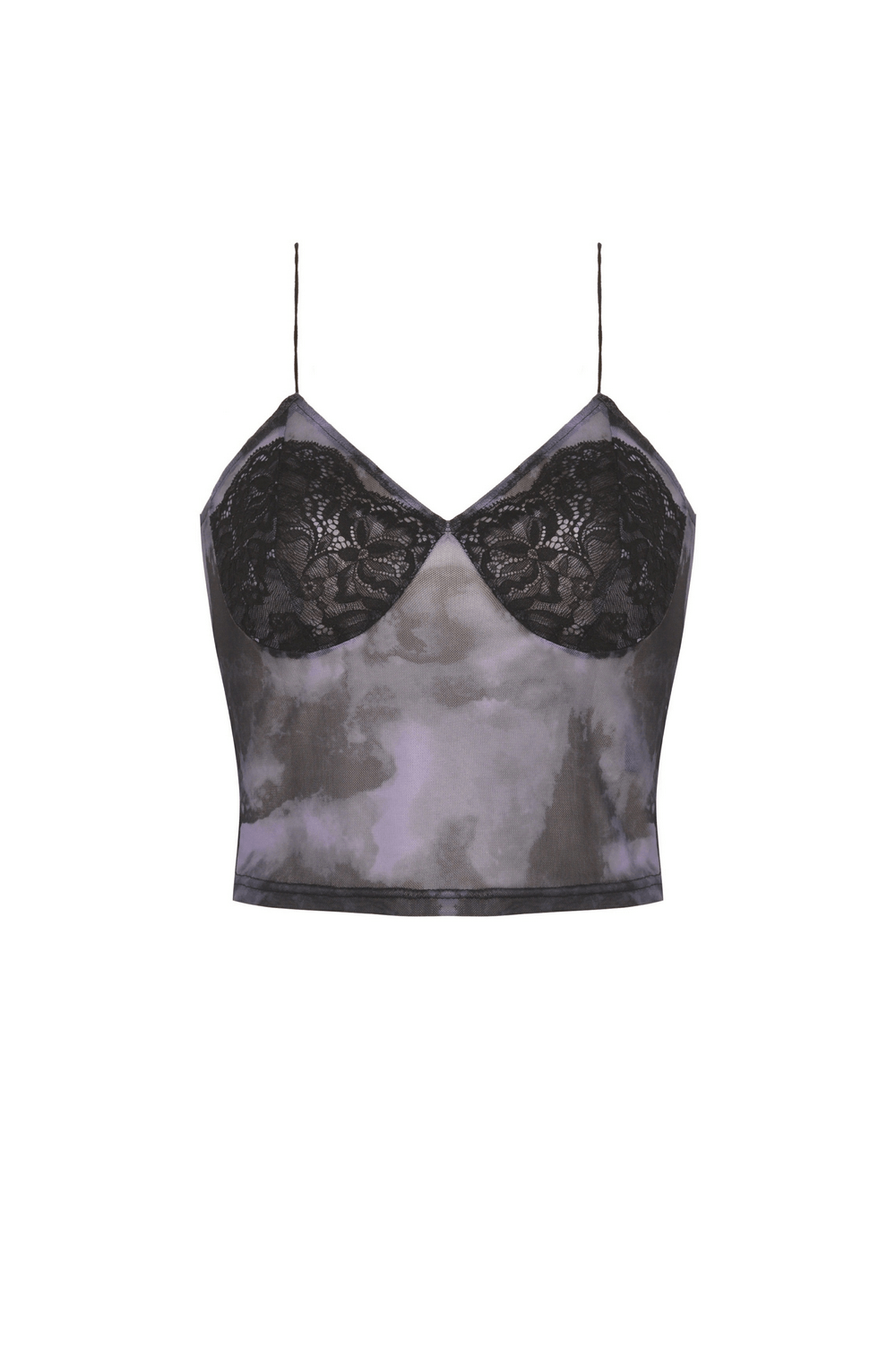 Gothic black satin camisole with intricate lace trim, perfect for adding elegance to any outfit.