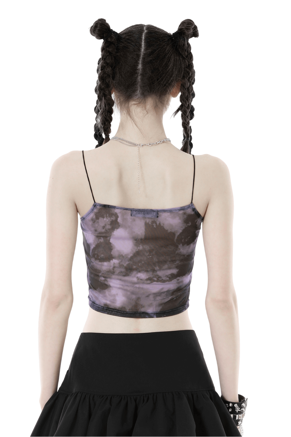 Back view of a women’s cropped cami top in purple tie-dye pattern, perfect for a trendy gothic look.