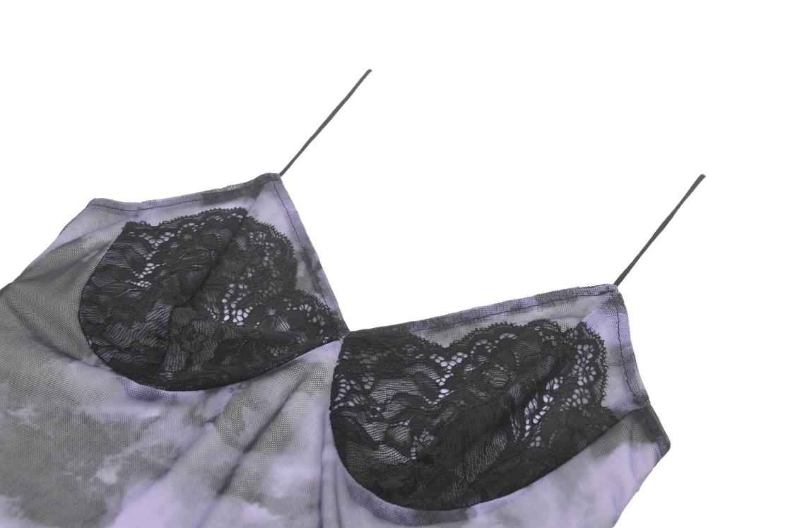 Gothic black satin camisole with lace trim, featuring delicate detailing and adjustable straps.