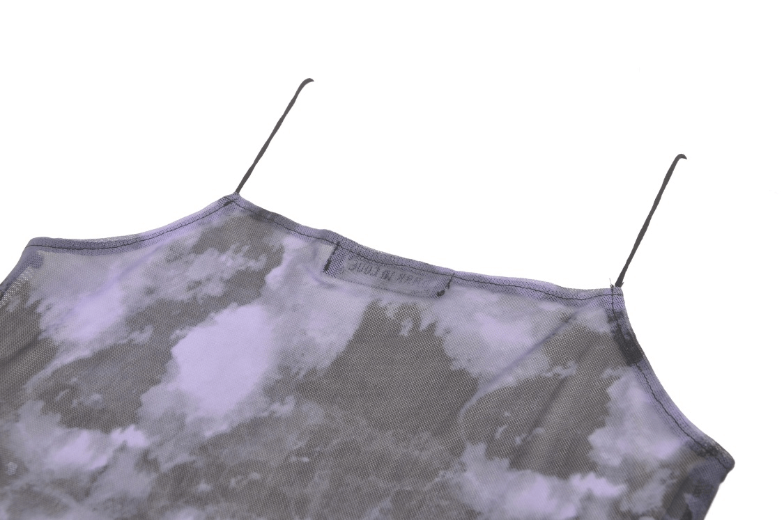 Gothic black straps cami top with lace trim, featuring a lustrous satin fabric and unique purple tie-dye pattern.