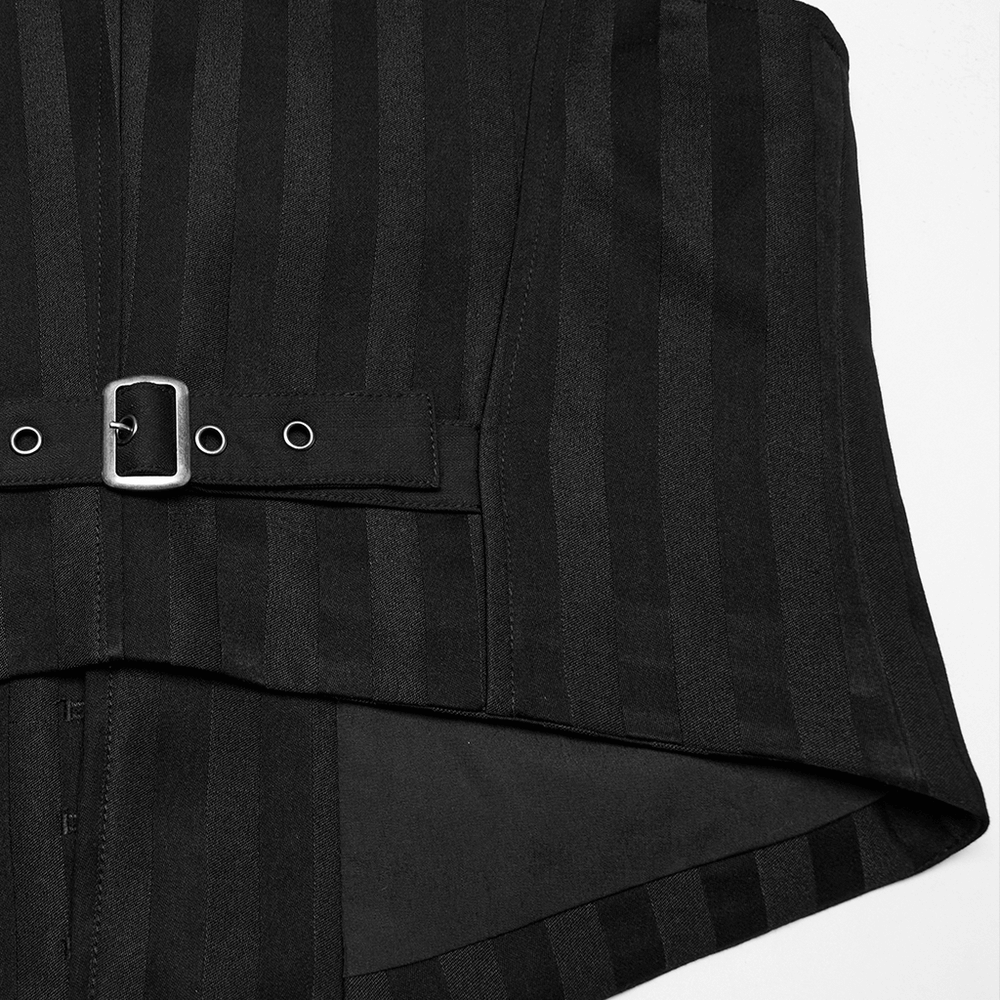 Gothic black striped vest with retro button detailing and back strap for a polished steampunk look.