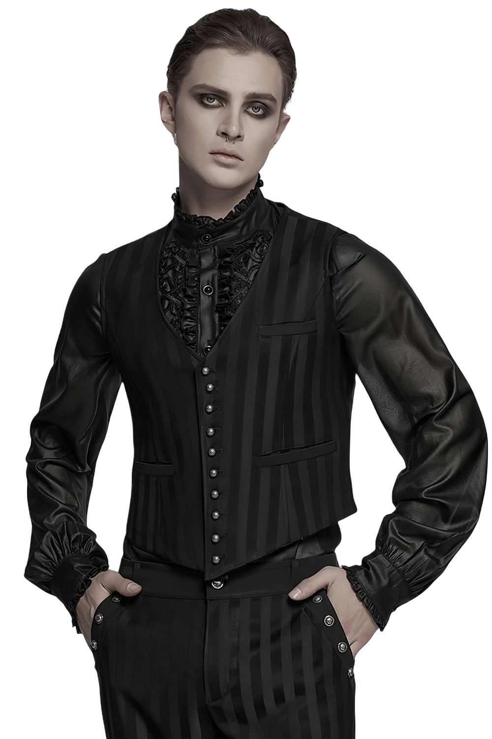 Model showcasing a gothic black striped vest with vintage buttons, perfect for steampunk and dark fashion enthusiasts.