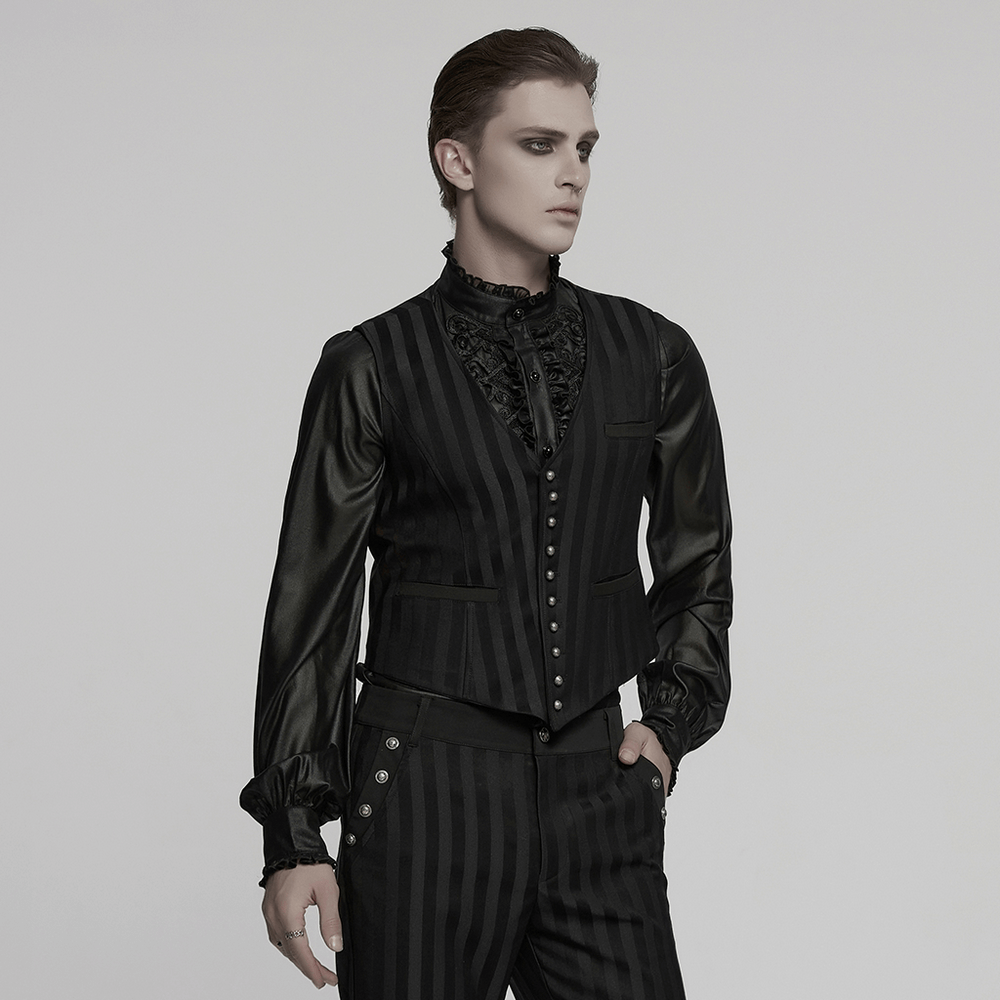 Gothic black striped vest with retro buttons, perfect for steampunk and dark fashion enthusiasts.