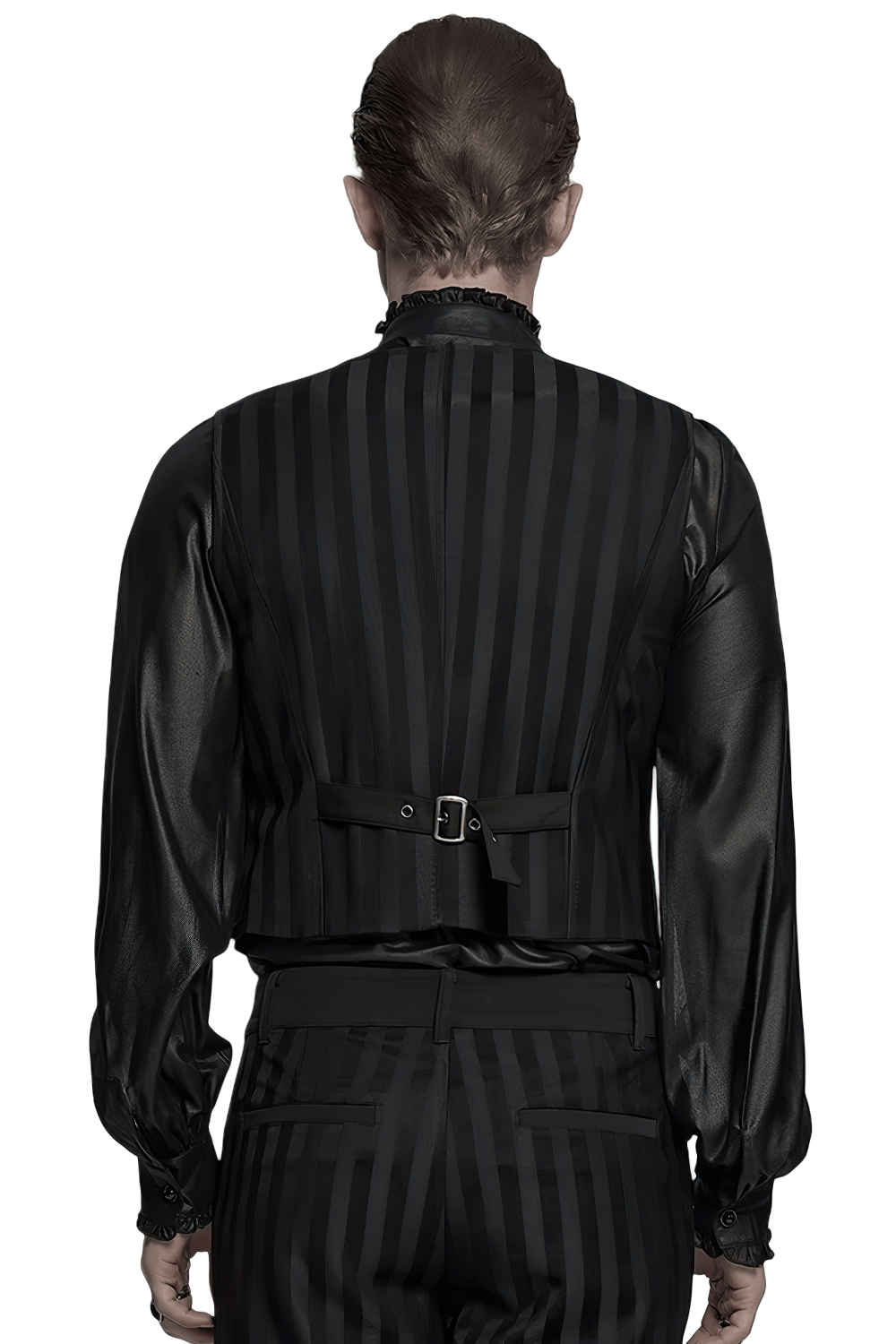 Back view of a gothic black striped vest featuring a fitted design and vintage-style buckle detailing.