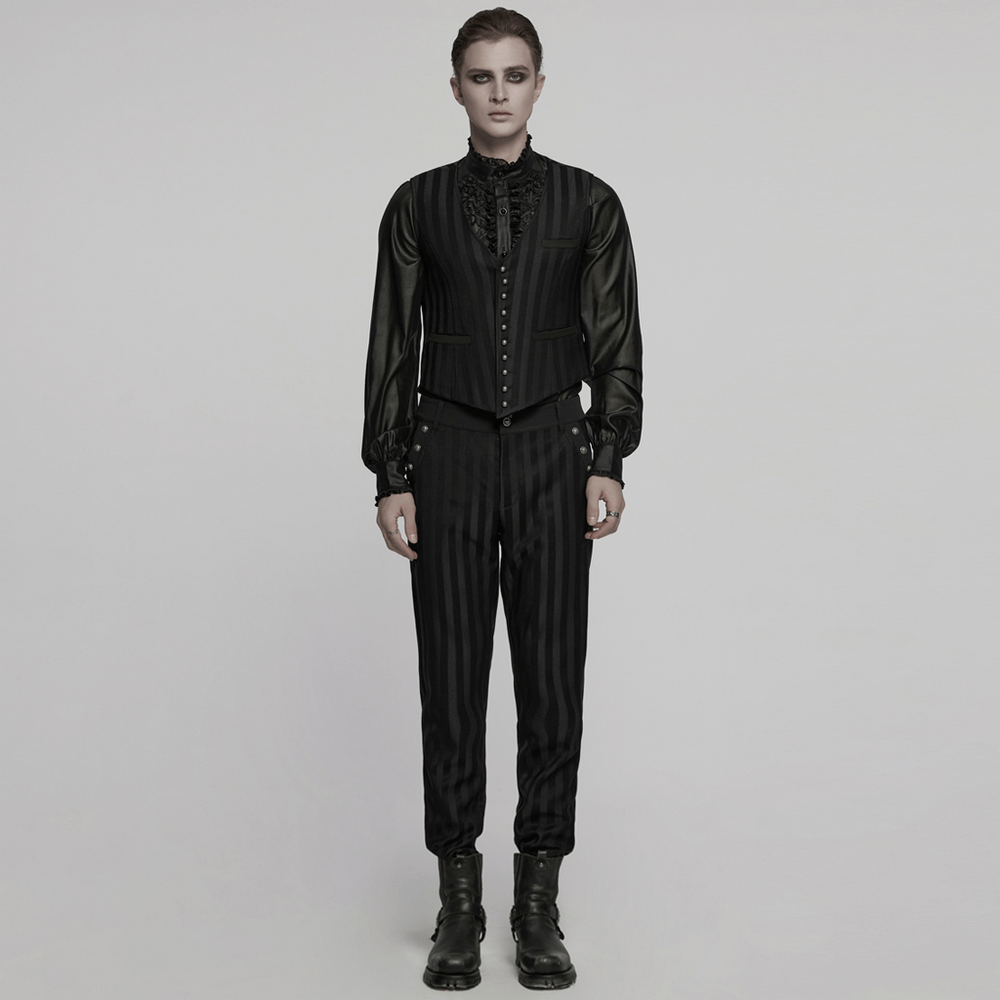 Gothic black striped vest with retro buttons, styled for a steampunk chic look in dark fashion.