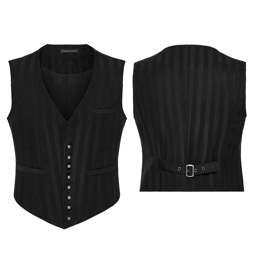 Gothic black striped vest with retro buttons and sleek back strap for steampunk style.